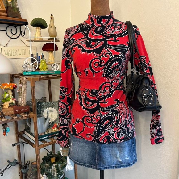 Jones New York Tops - Red + Black Abstract Paisley Print Mock Neck Long Sleeve Top by Jones New York
